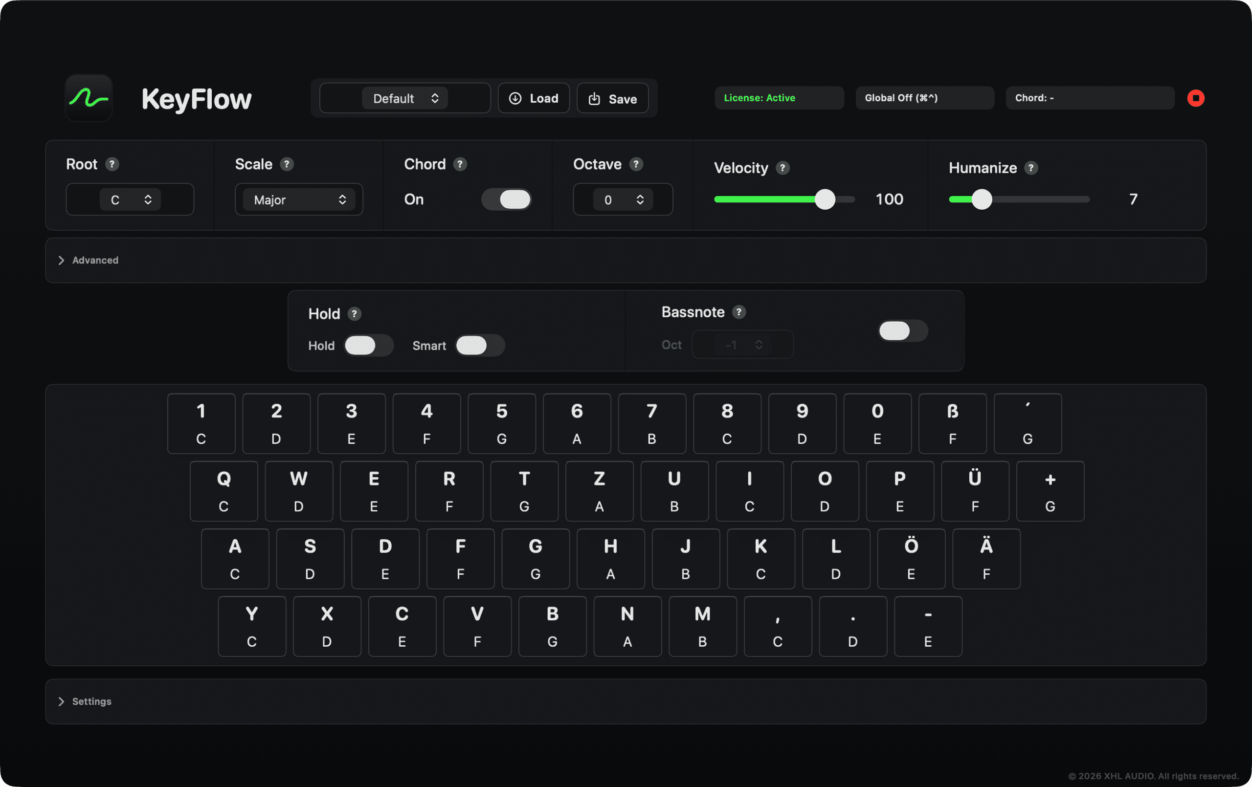 KeyFlow for macOS with Scale Lock, Chord Mode, Hold, velocity and its playable keyboard