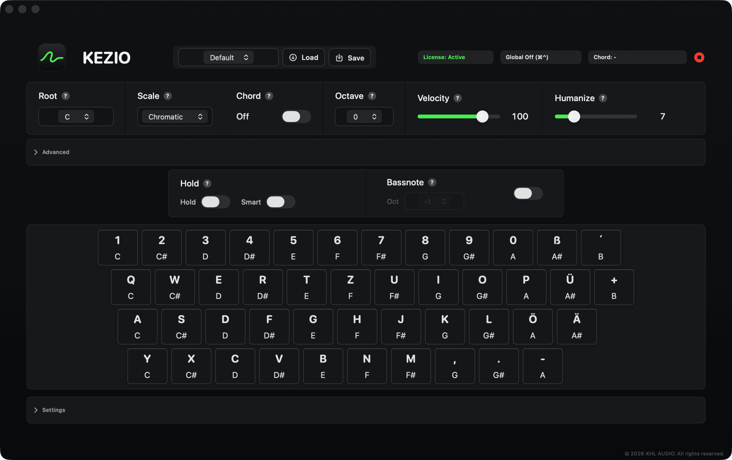 KEZIO for macOS with Scale Lock, Chord Mode, Hold, velocity and its playable keyboard